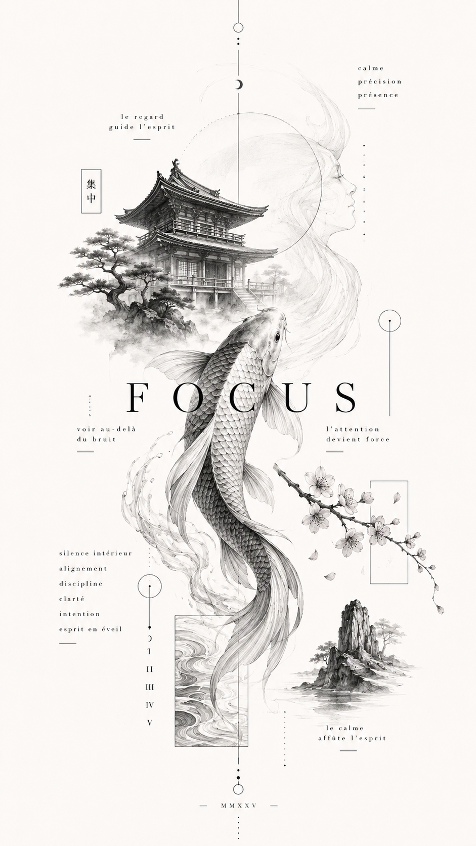 Version dessin d’un concept de tatouage Focus avec poisson koi et temple japonais