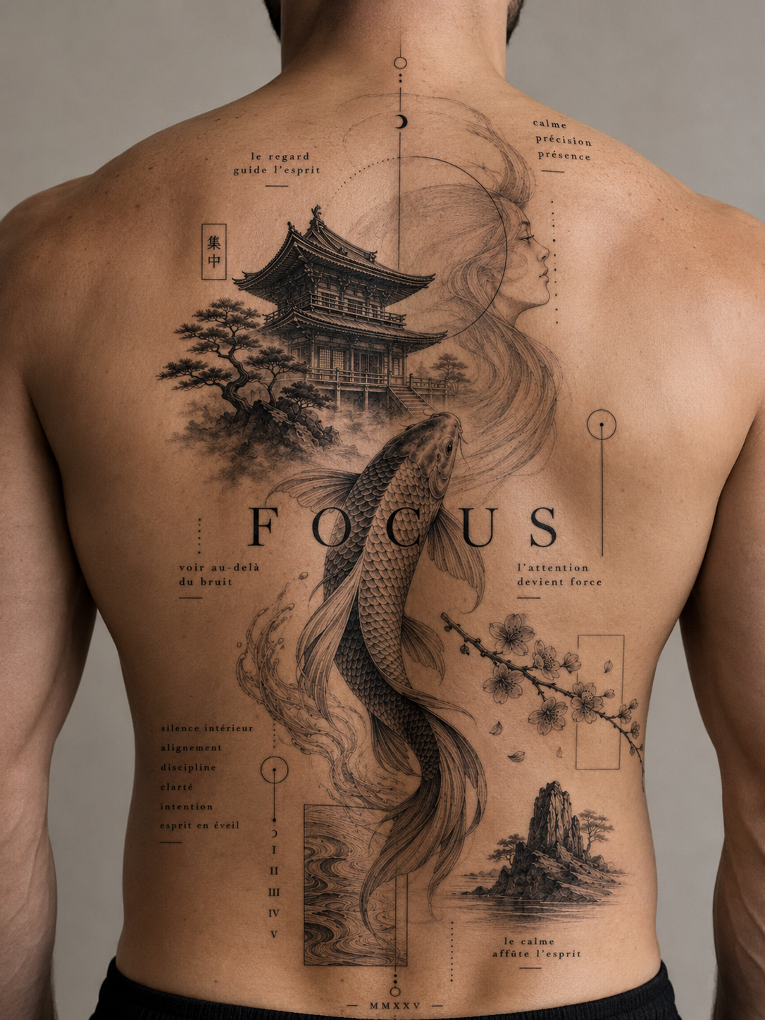 Projection du tatouage Focus sur le dos d’un homme