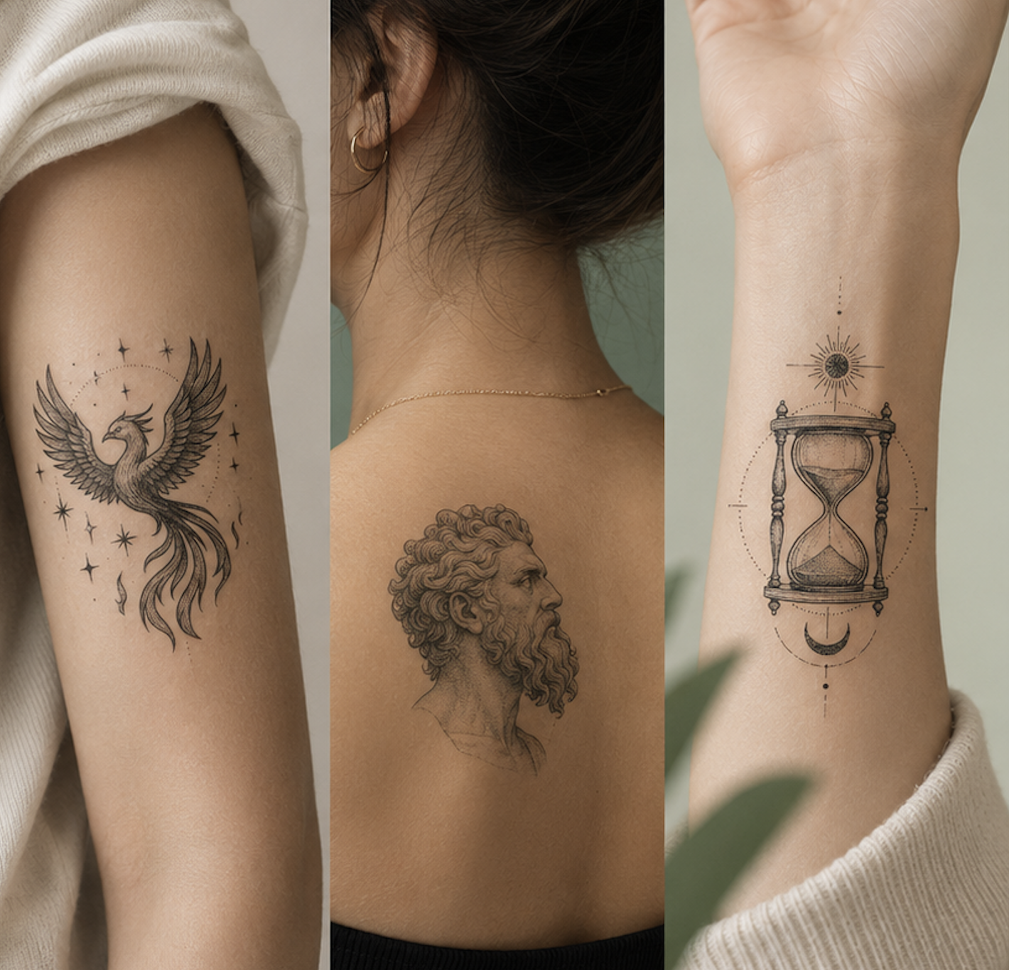 Exemples de tatouages réalisés sur la peau avec phoenix, sculpture grecque et sablier