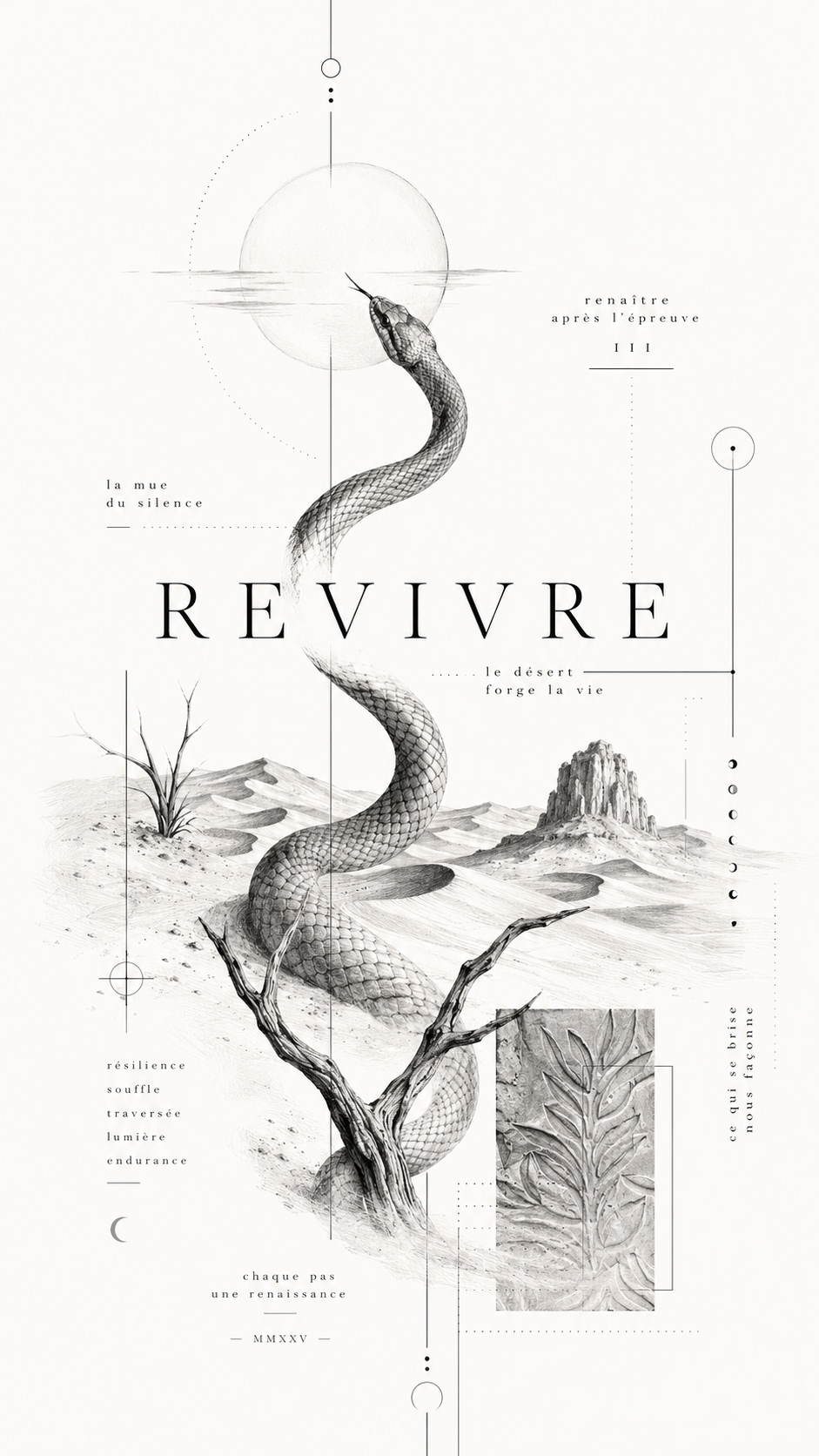Version dessin d’un concept de tatouage Revivre avec serpent et paysage désertique