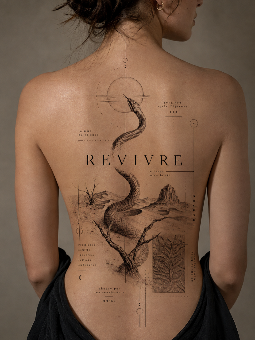 Projection du tatouage Revivre sur le dos d’une femme